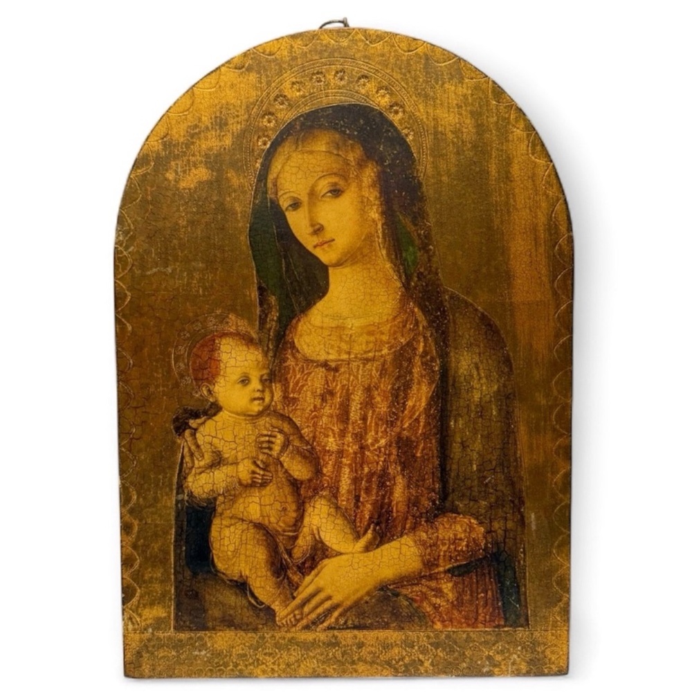 Vintage Madonna & Child Print on Gilt Wood Hanging Tablet Wall Plaque Italy